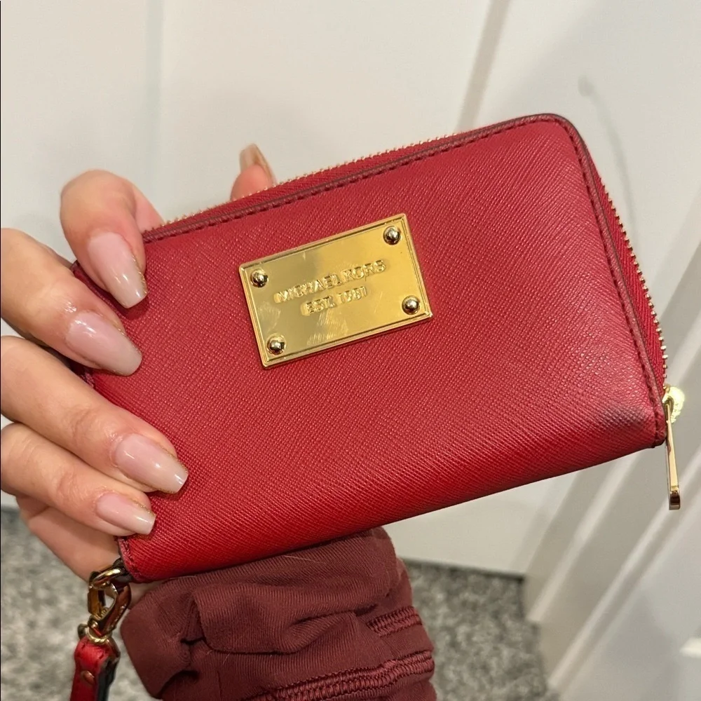 Michael Kors Red Wristlet with Gold Accents wallet coin purse designer bag